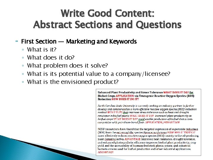 Write Good Content: Abstract Sections and Questions First Section — Marketing and Keywords ◦