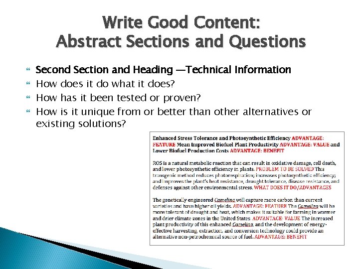 Write Good Content: Abstract Sections and Questions Second Section and Heading —Technical Information How