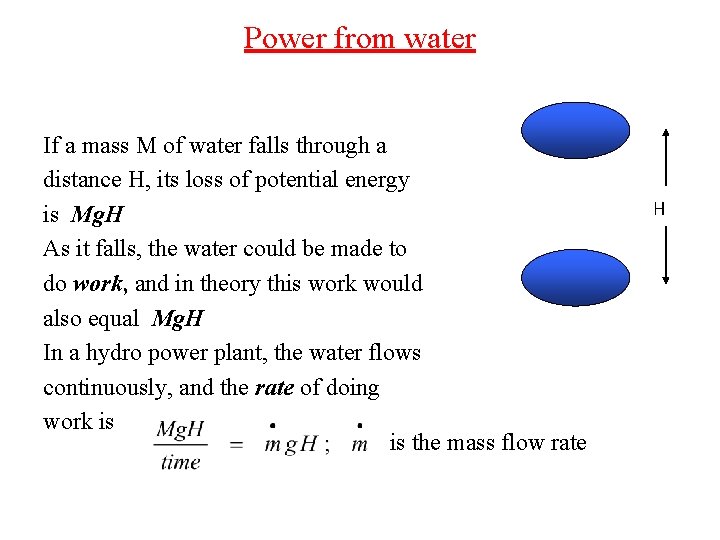 Power from water If a mass M of water falls through a distance H,