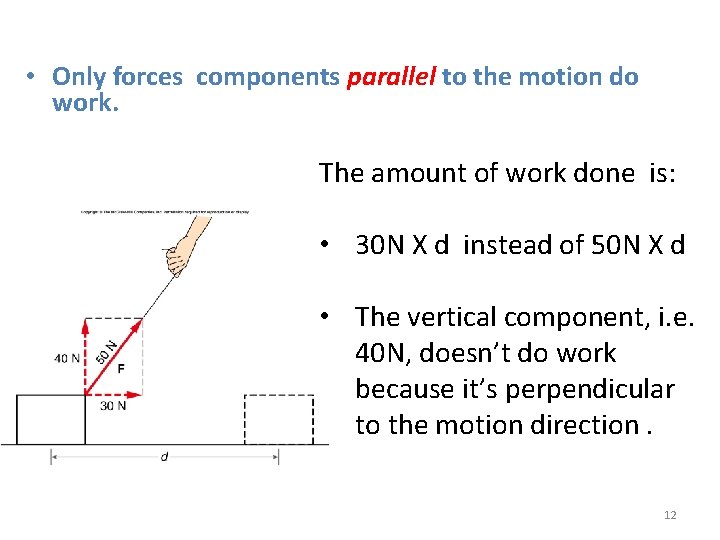  • Only forces components parallel to the motion do work. The amount of