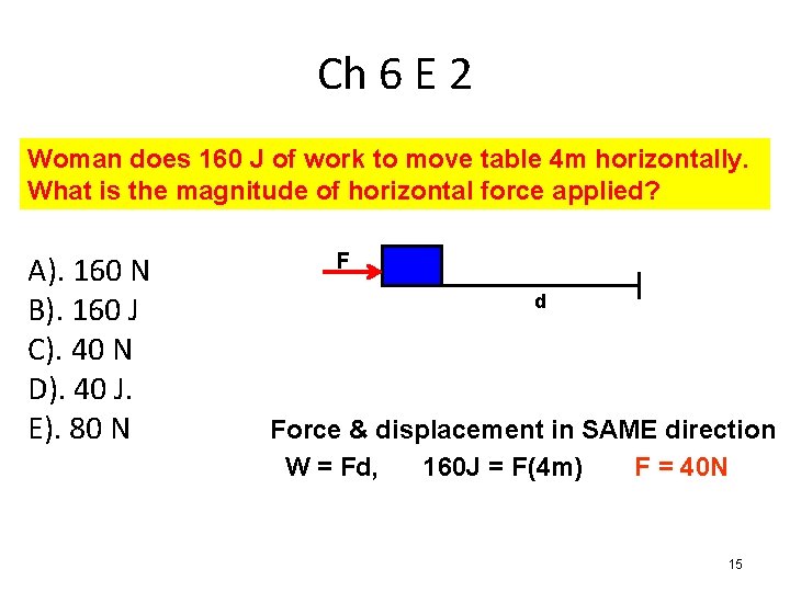 Ch 6 E 2 Woman does 160 J of work to move table 4