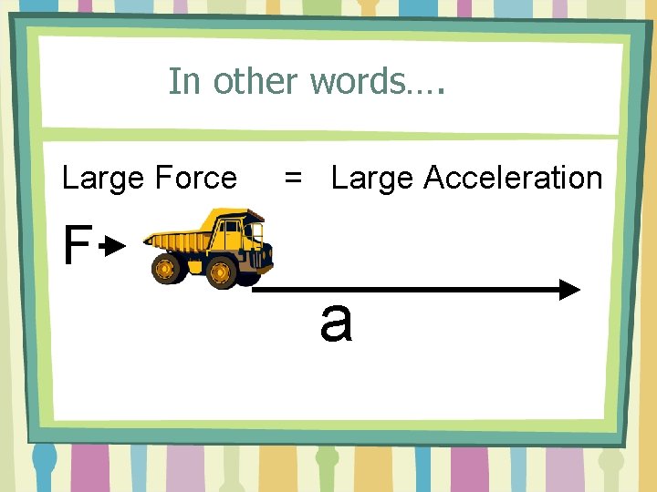 In other words…. Large Force = Large Acceleration F a 