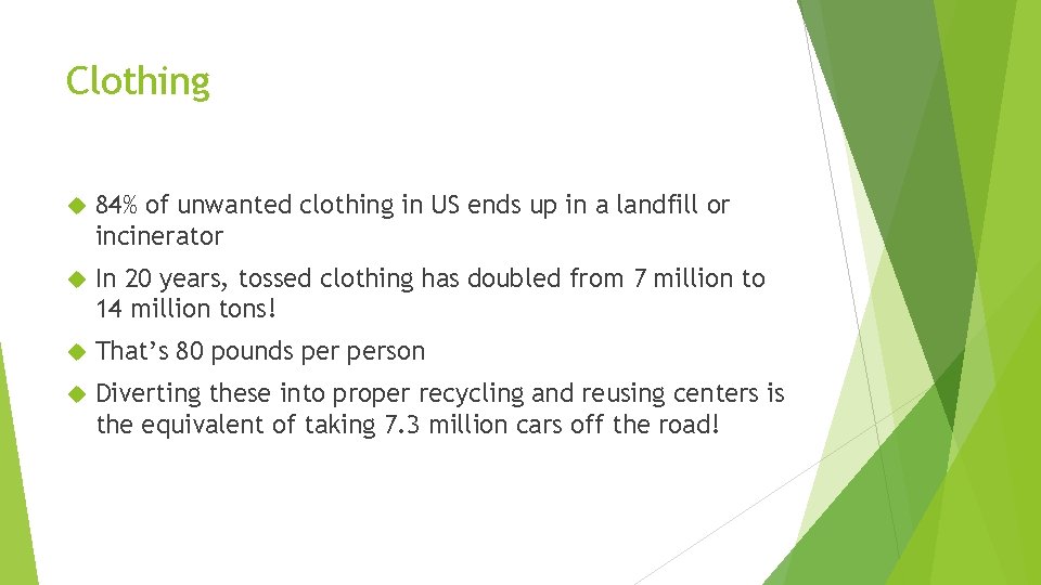 Clothing 84% of unwanted clothing in US ends up in a landfill or incinerator