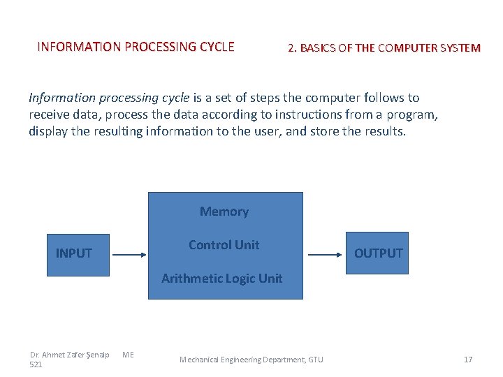 INFORMATION PROCESSING CYCLE 2. BASICS OF THE COMPUTER SYSTEM Information processing cycle is a