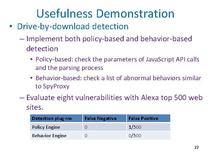 Usefulness Demonstration • Drive-by-download detection – Implement both policy-based and behavior-based detection • Policy-based: