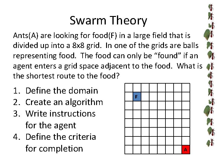 Swarm Theory Ants(A) are looking for food(F) in a large field that is divided
