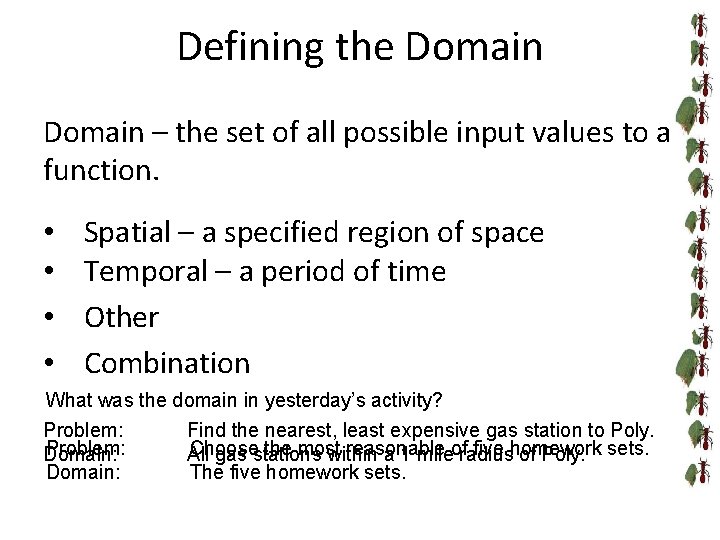 Defining the Domain – the set of all possible input values to a function.