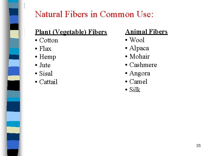 Natural Fibers in Common Use: Plant (Vegetable) Fibers • Cotton • Flax • Hemp Natural Fibers in Common Use: Plant (Vegetable) Fibers • Cotton • Flax • Hemp