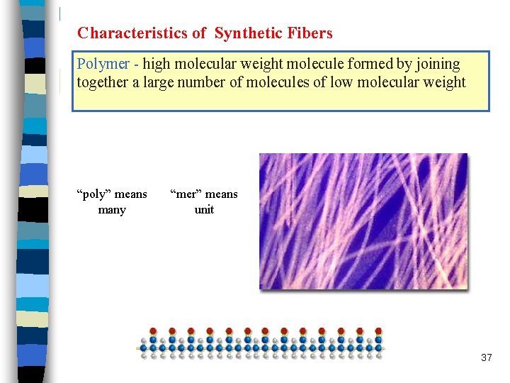 Characteristics of Synthetic Fibers Polymer - high molecular weight molecule formed by joining together Characteristics of Synthetic Fibers Polymer - high molecular weight molecule formed by joining together