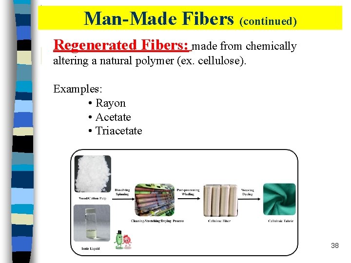 Man-Made Fibers (continued) Regenerated Fibers: made from chemically altering a natural polymer (ex. cellulose). Man-Made Fibers (continued) Regenerated Fibers: made from chemically altering a natural polymer (ex. cellulose).