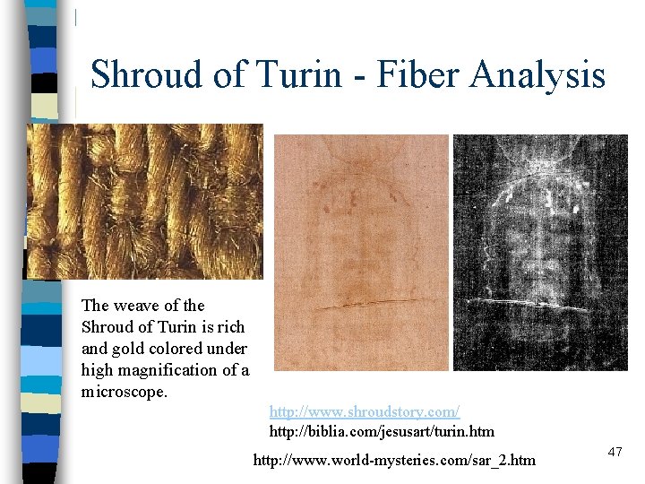 Shroud of Turin - Fiber Analysis The weave of the Shroud of Turin is Shroud of Turin - Fiber Analysis The weave of the Shroud of Turin is