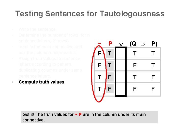 Testing Sentences for Tautologousness • • • Write the sentence Determine the number of