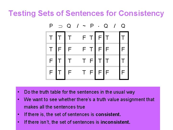 Testing Sets of Sentences for Consistency P Q / ~ P Q / Q
