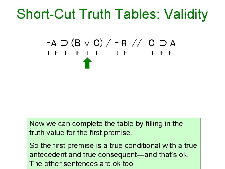 Short-Cut Truth Tables: Validity ∼A ⊃ (B T F T C) / ∼ B