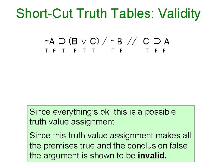 Short-Cut Truth Tables: Validity ∼A ⊃ (B T F T C) / ∼ B