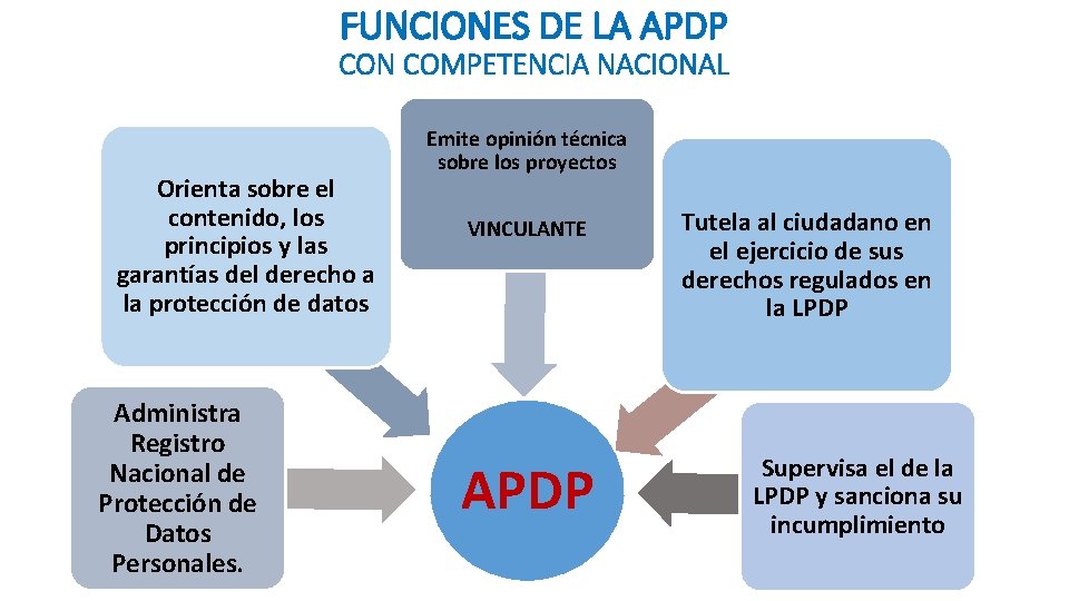 FUNCIONES DE LA APDP CON COMPETENCIA NACIONAL Orienta sobre el contenido, los principios y