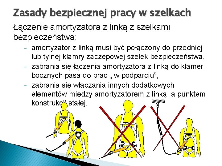 Zasady bezpiecznej pracy w szelkach Łączenie amortyzatora z linką z szelkami bezpieczeństwa: - amortyzator Zasady bezpiecznej pracy w szelkach Łączenie amortyzatora z linką z szelkami bezpieczeństwa: - amortyzator