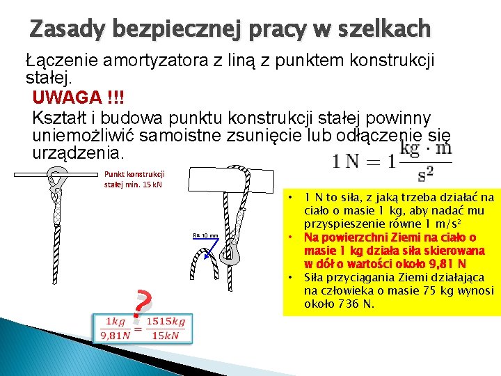 Zasady bezpiecznej pracy w szelkach Łączenie amortyzatora z liną z punktem konstrukcji stałej. UWAGA Zasady bezpiecznej pracy w szelkach Łączenie amortyzatora z liną z punktem konstrukcji stałej. UWAGA