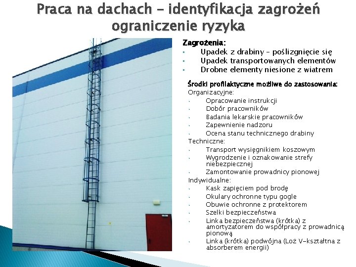 Praca na dachach – identyfikacja zagrożeń ograniczenie ryzyka Zagrożenia: • Upadek z drabiny – Praca na dachach – identyfikacja zagrożeń ograniczenie ryzyka Zagrożenia: • Upadek z drabiny –