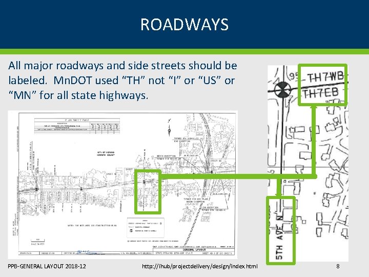ROADWAYS All major roadways and side streets should be labeled. Mn. DOT used “TH” ROADWAYS All major roadways and side streets should be labeled. Mn. DOT used “TH”