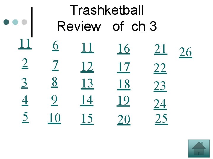 11 2 3 4 5 Trashketball Review of ch 3 6 11 16 21