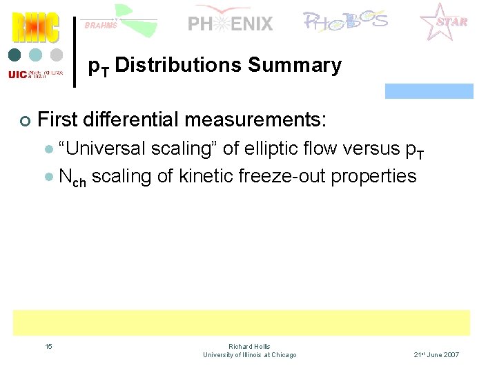 p. T Distributions Summary ¢ First differential measurements: “Universal scaling” of elliptic flow versus