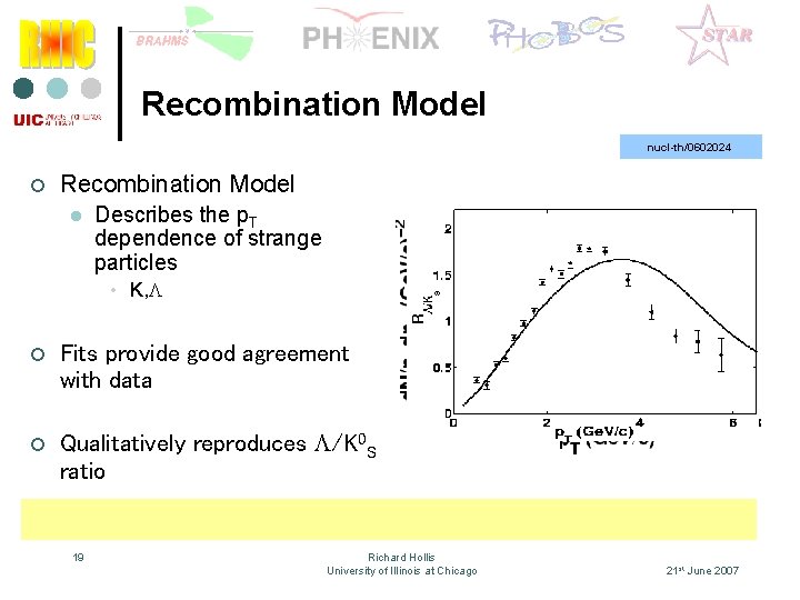 Recombination Model nucl-th/0602024 ¢ Recombination Model l Describes the p. T dependence of strange