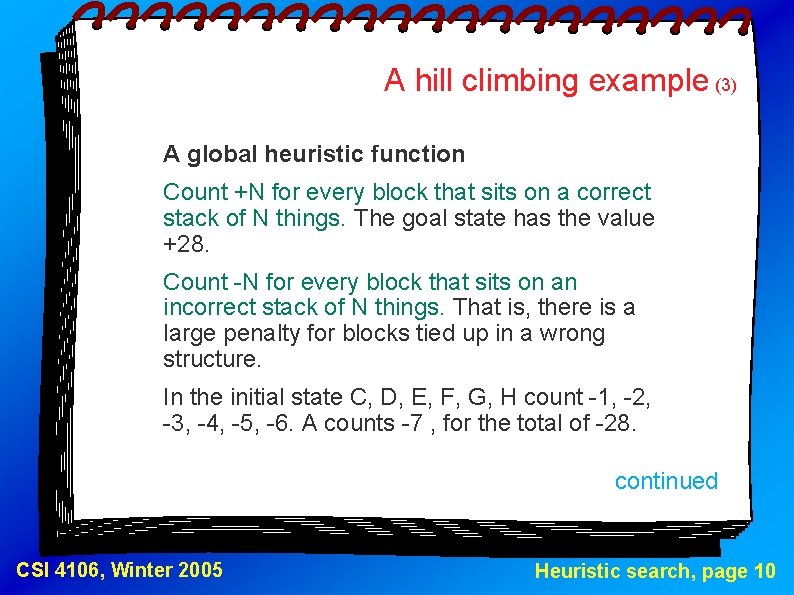 A hill climbing example (3) A global heuristic function Count +N for every block