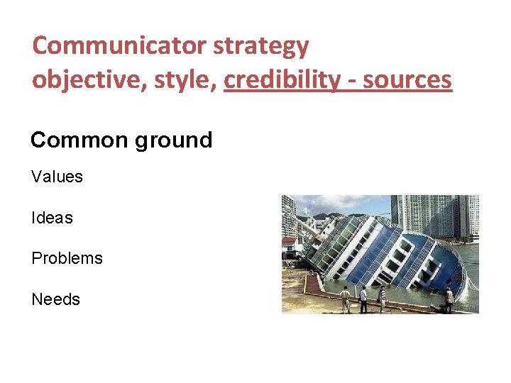 Communicator strategy objective, style, credibility - sources Common ground Values Ideas Problems Needs 