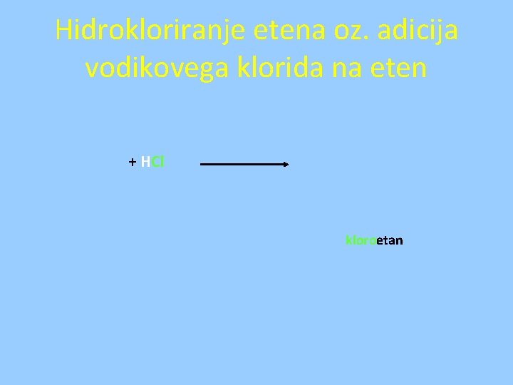 Hidrokloriranje etena oz. adicija vodikovega klorida na eten + HCl kloroetan 