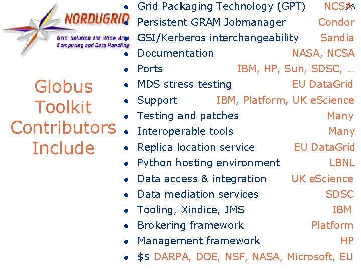 Globus Toolkit Contributors Include l Grid Packaging Technology (GPT) NCSA 26 l Persistent GRAM