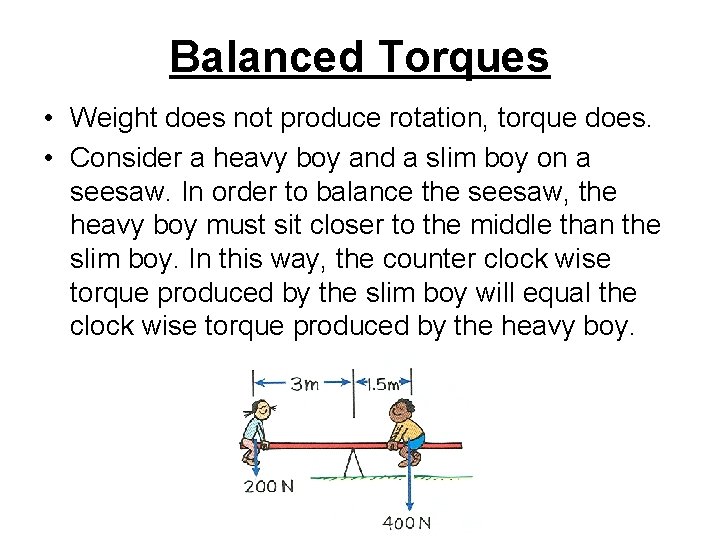 Balanced Torques • Weight does not produce rotation, torque does. • Consider a heavy