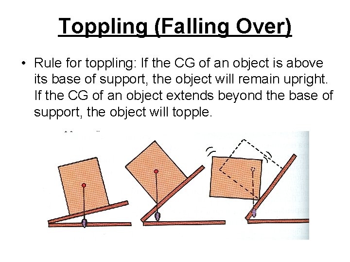 Toppling (Falling Over) • Rule for toppling: If the CG of an object is