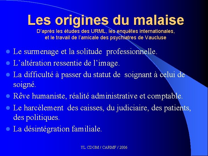 Les origines du malaise D’après les études URML, les enquêtes internationales, et le travail