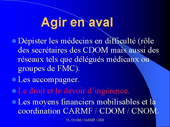 Agir en aval l Dépister les médecins en difficulté (rôle des secrétaires des CDOM