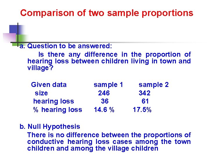 Comparison of two sample proportions a. Question to be answered: Is there any difference