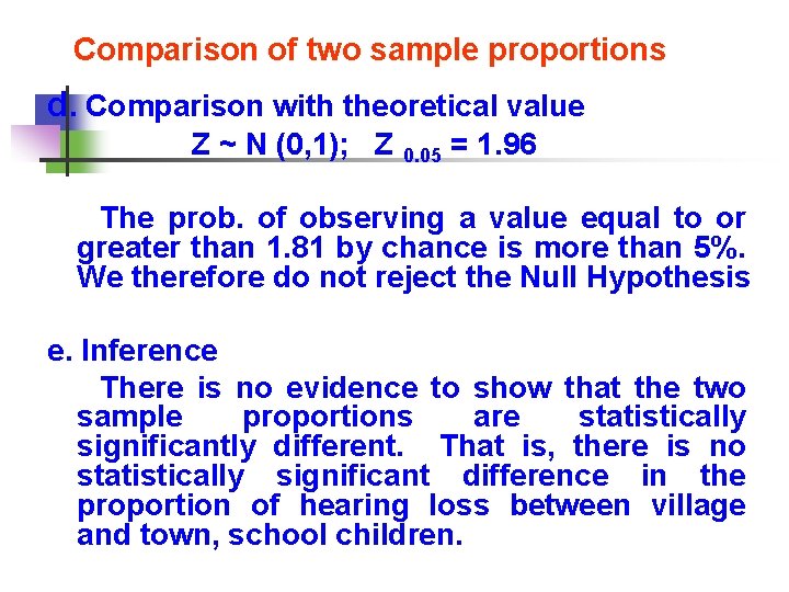Comparison of two sample proportions d. Comparison with theoretical value Z ~ N (0,