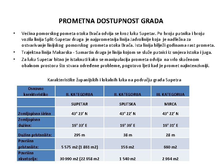 PROMETNA DOSTUPNOST GRADA • • • Većina pomorskog pometa otoka Brača odvija se kroz