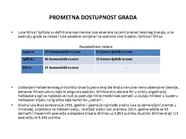 PROMETNA DOSTUPNOST GRADA • Luke Mirca i Splitska su definirane kao morske luke otvorene