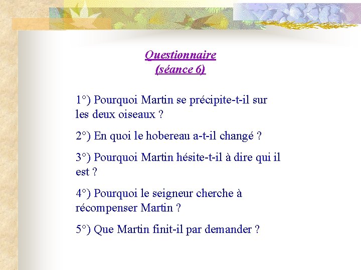 Questionnaire (séance 6) 1°) Pourquoi Martin se précipite-t-il sur les deux oiseaux ? 2°)