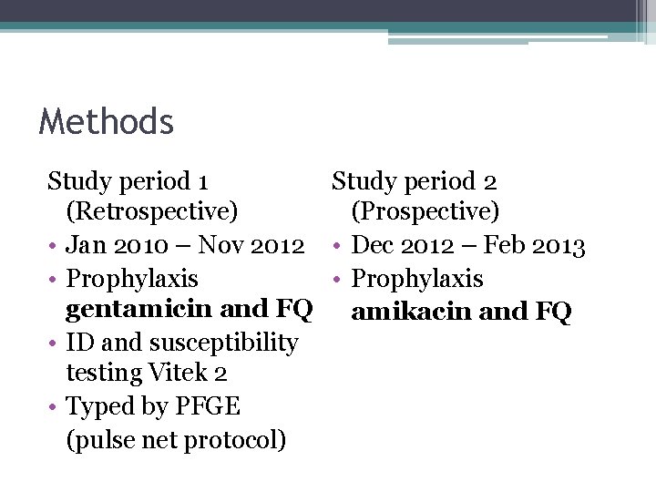 Methods Study period 1 Study period 2 (Retrospective) (Prospective) • Jan 2010 – Nov