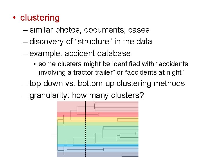  • clustering – similar photos, documents, cases – discovery of “structure” in the