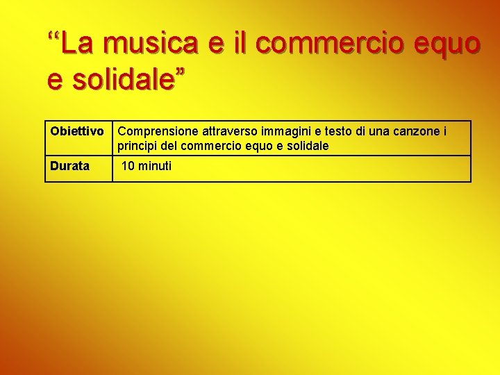 ‘‘La musica e il commercio equo e solidale” Obiettivo Comprensione attraverso immagini e testo