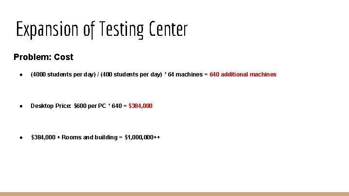 Expansion of Testing Center Problem: Cost ● (4000 students per day) / (400 students