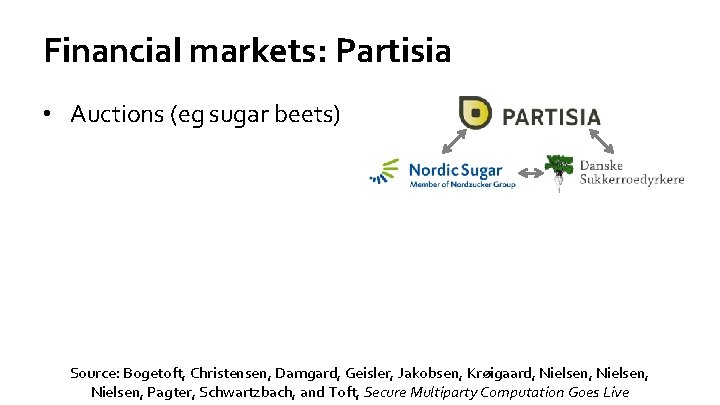 Financial markets: Partisia • Auctions (eg sugar beets) Source: Bogetoft, Christensen, Damgard, Geisler, Jakobsen,