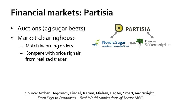 Financial markets: Partisia • Auctions (eg sugar beets) • Market clearinghouse – Match incoming