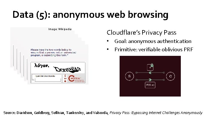 Data (5): anonymous web browsing Image: Wikipedia Cloudflare’s Privacy Pass • Goal: anonymous authentication