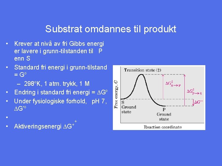 Substrat omdannes til produkt • Krever at nivå av fri Gibbs energi er lavere