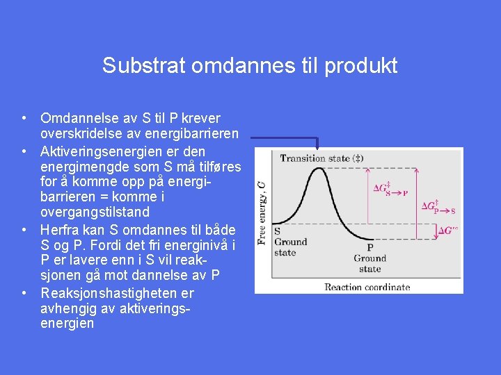 Substrat omdannes til produkt • Omdannelse av S til P krever overskridelse av energibarrieren