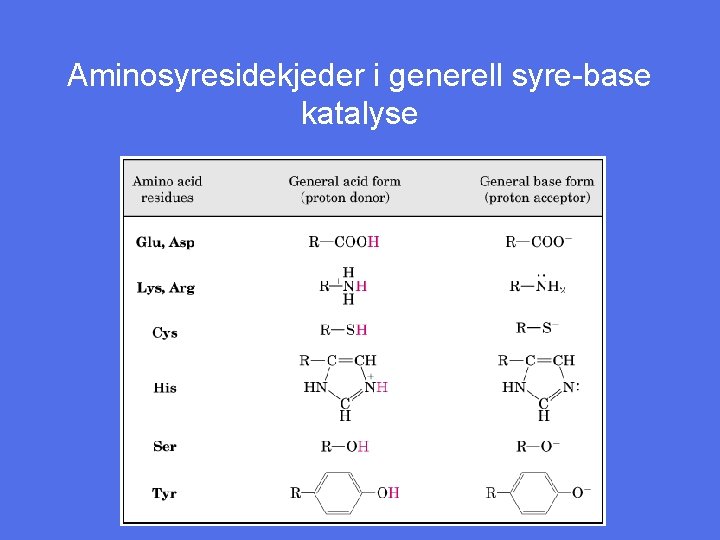 Aminosyresidekjeder i generell syre-base katalyse 